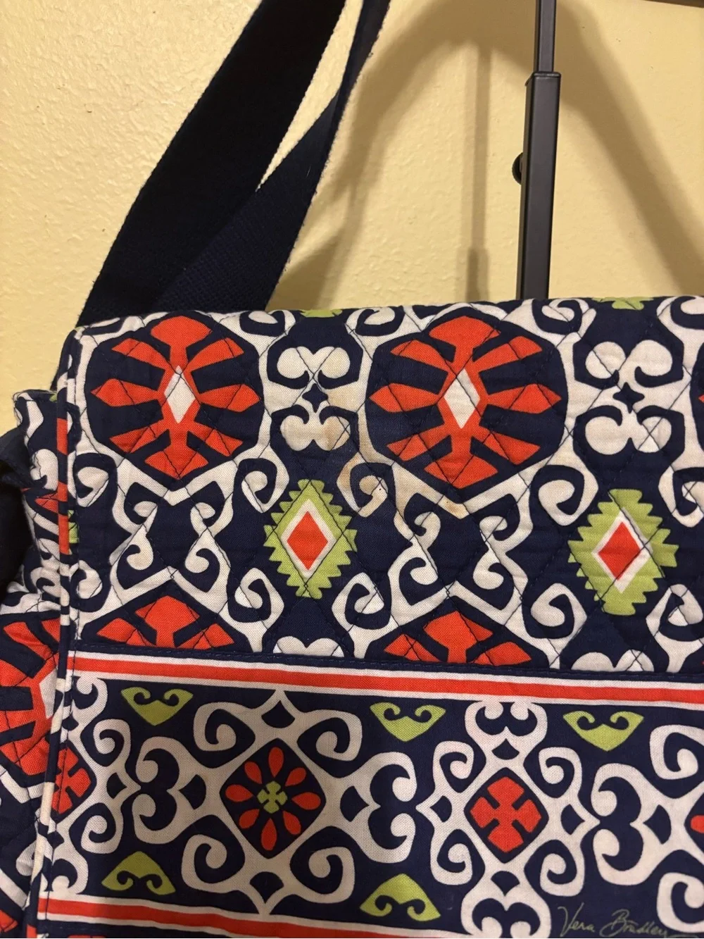 Vera Bradley Navy Quilted Messenger Bag with Red and Lime Accents